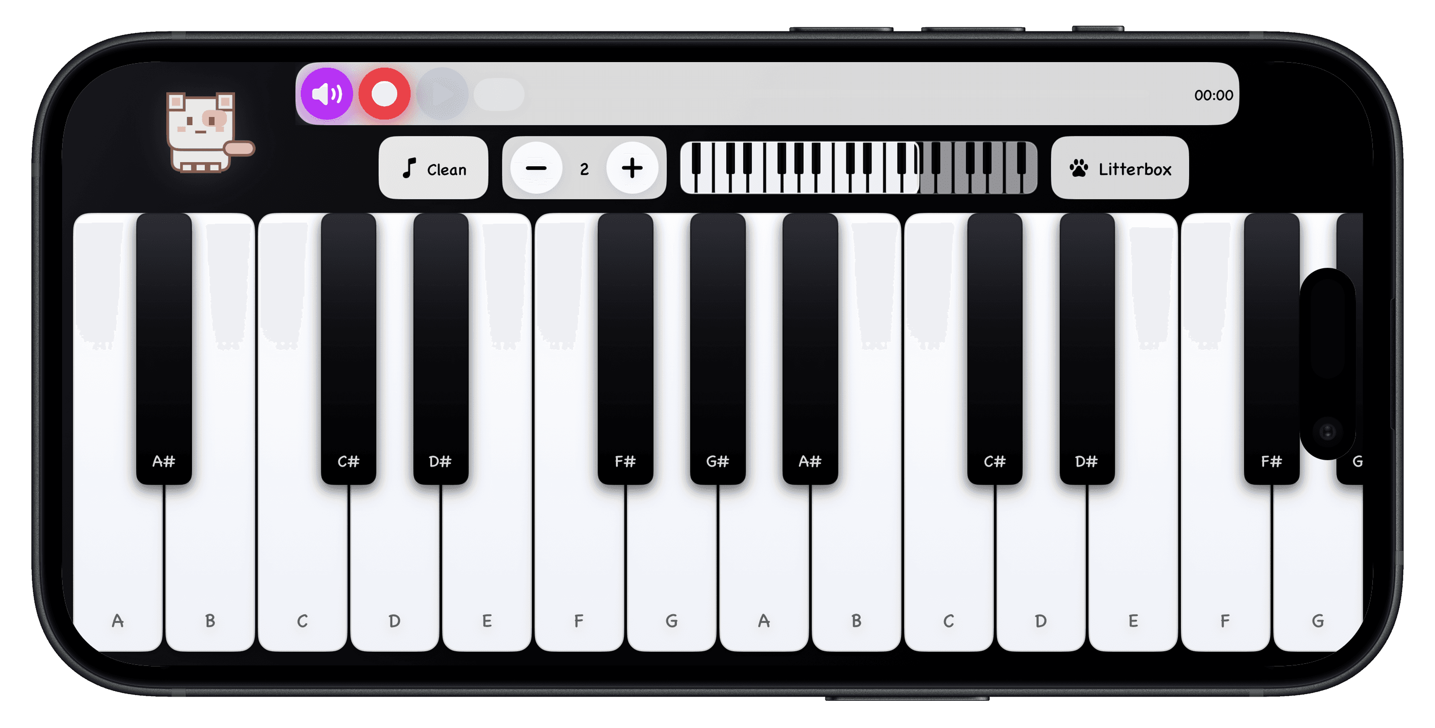 Meowano piano interface on an iPhone in landscape orientation
