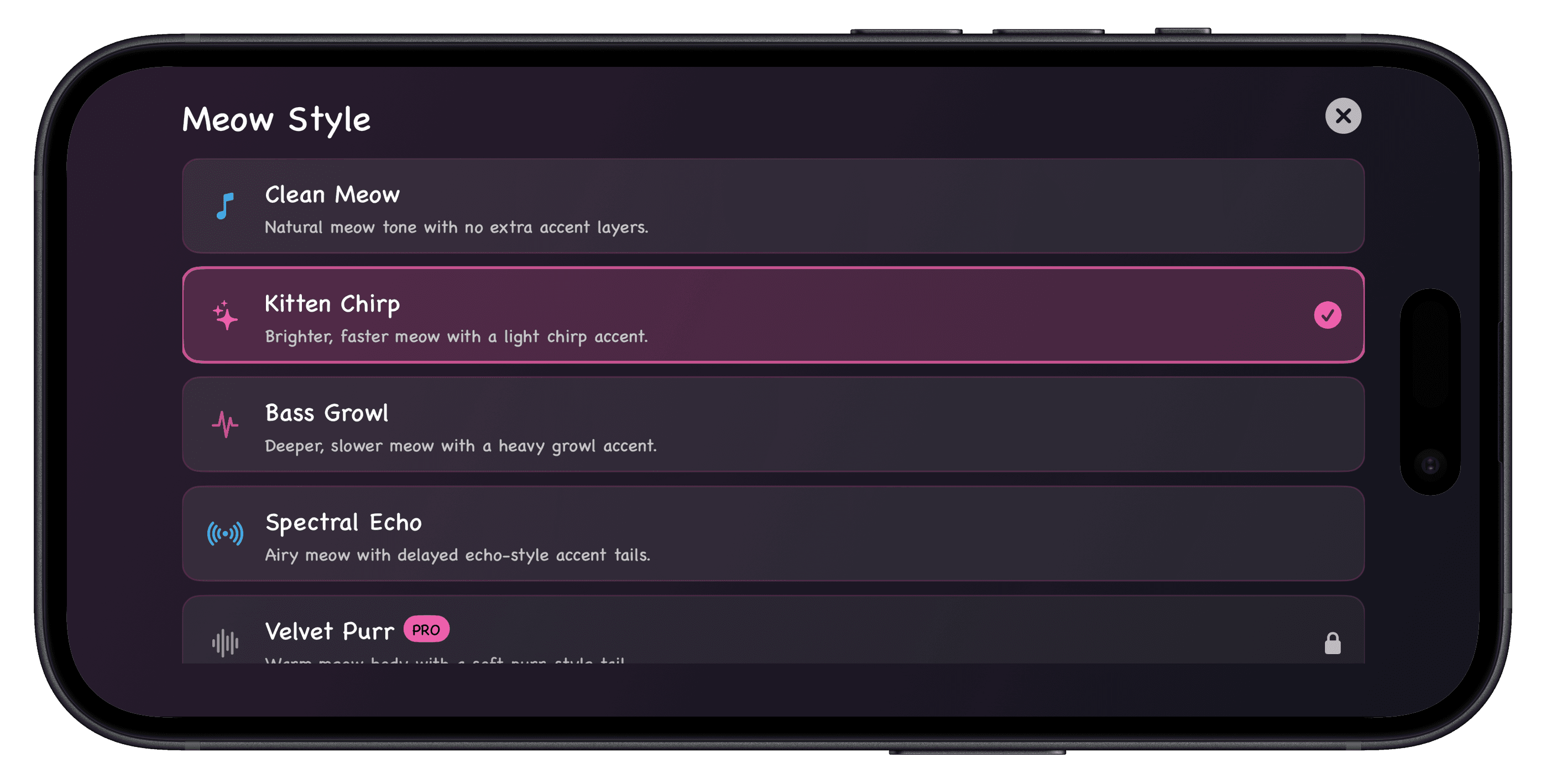 Meowano style selector screen
